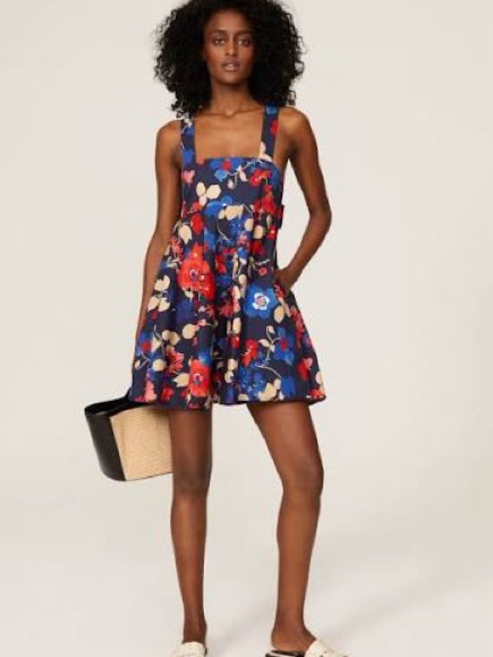 Peter Som Navy Floral Babydoll Mini Sundress with Red and Beige Accents